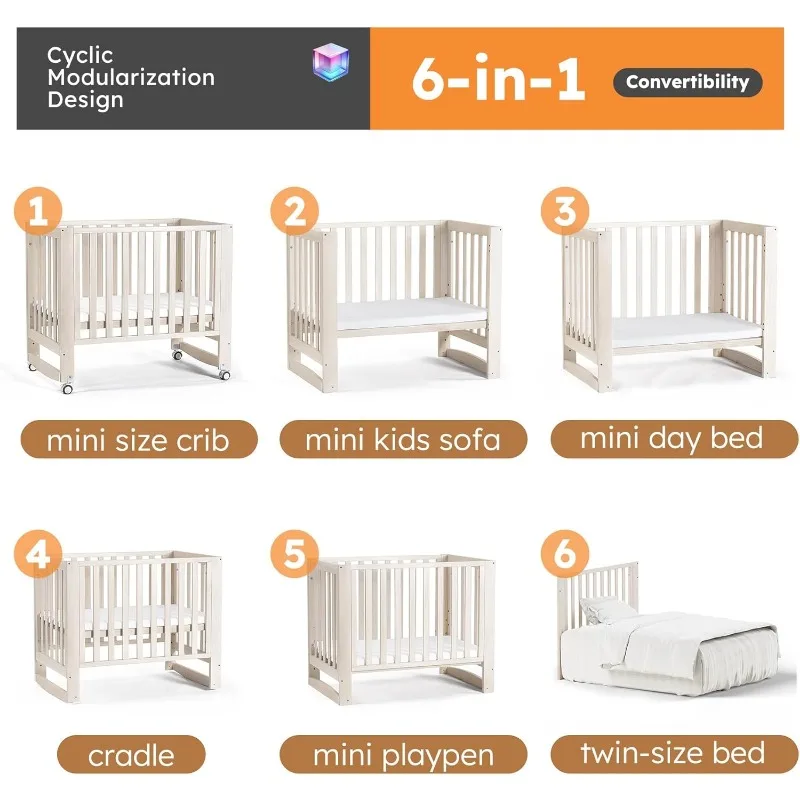 6 in 1 Convertible Mini Crib with Wheels, 100% New Zealand Pinewood Growing Bed, 4 Adjustable Mattress Heights