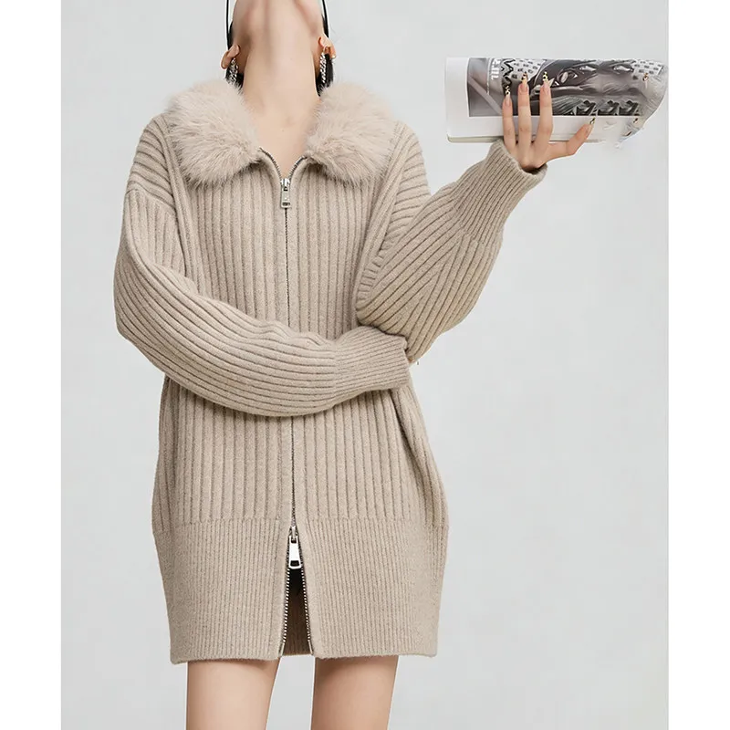 Lazy wind fur collar zipper knit cardigan high sense loose wild sweater long sleeve long casual coat.