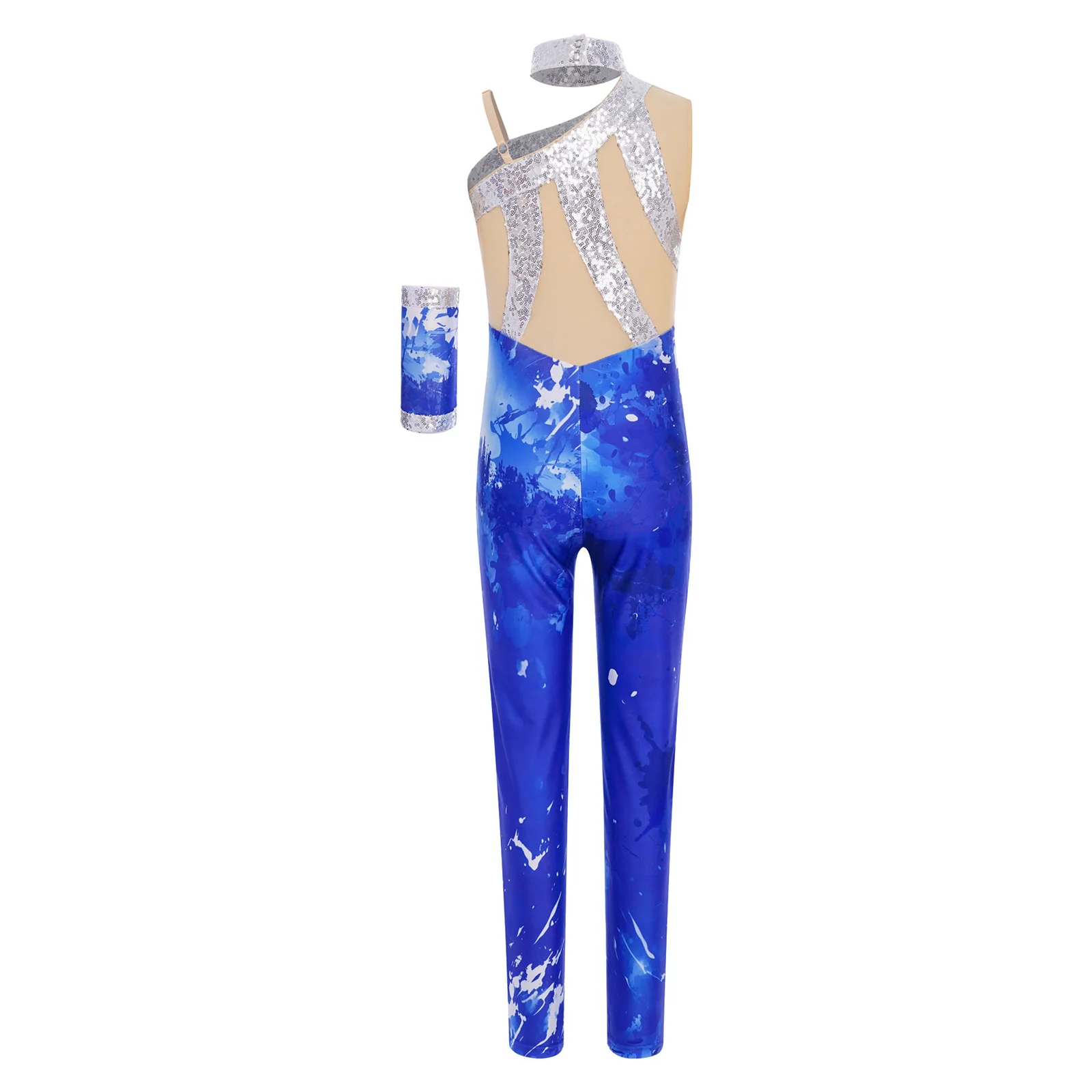 Meninas um ombro mangas ballet dança collant brilhante lantejoulas bodysuit completo + luva patinação artística ginástica macacão treino