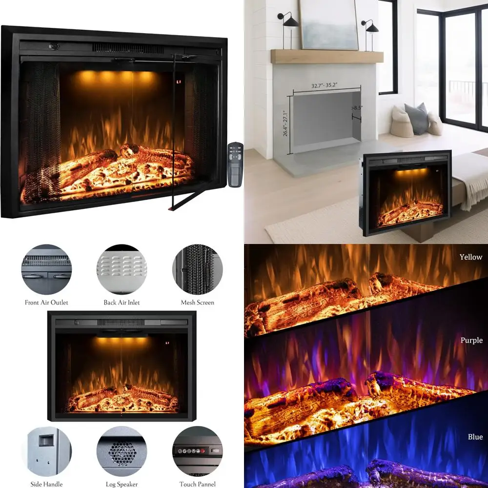 

36 Inch Benrocks Electric Fireplace Insert with Glass Door, Mesh Screen, Multicolor Flames, Fire Crackling Sounds, Timer and Ove