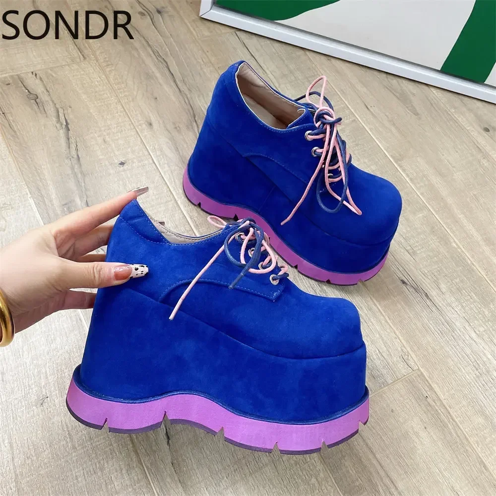 Womens Platform Rainbow Colors High Heel Sneakers Lace Up Muffin Sport Shoes Round Toe British Styles Candy Colors