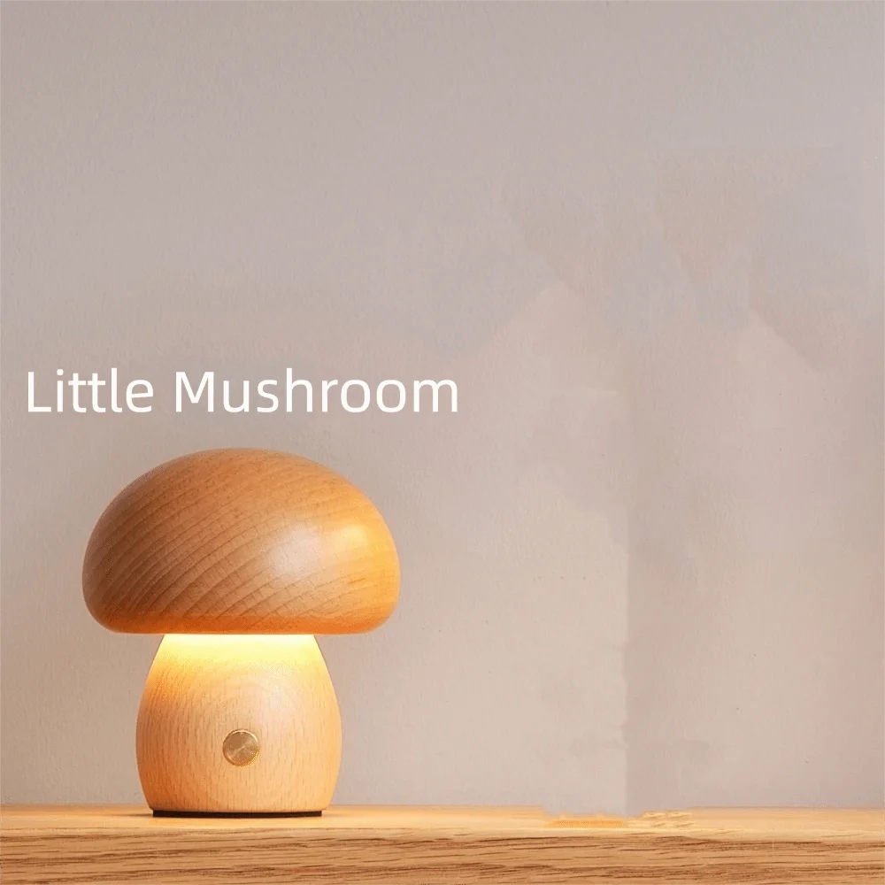 Touch Switch Wooden Mushroom Night Light 3 Color Light Wooden Material Rechargeable Night Light LED Night Light Battery Operated