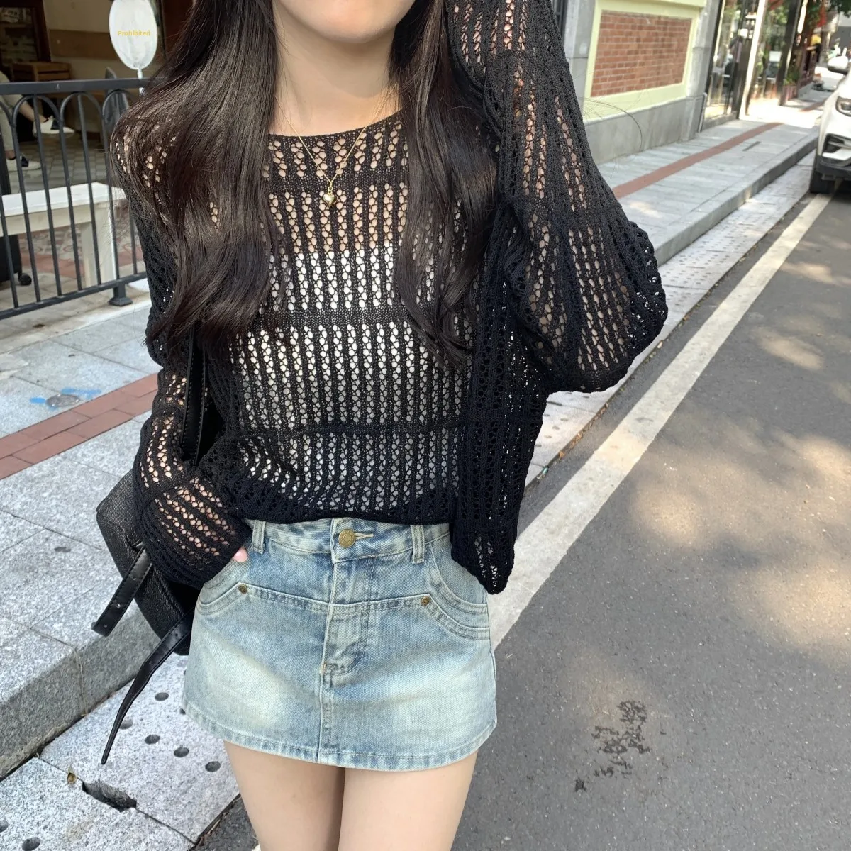 

White Hollow out Knitted Top Women's Summer Design Sensation Ice Silk Sunade Cover up oulder Length Long Sve T irt