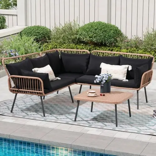 4-Piece Outdoor Wicker Patio Furniture Set with Cushions & Square Table, Black