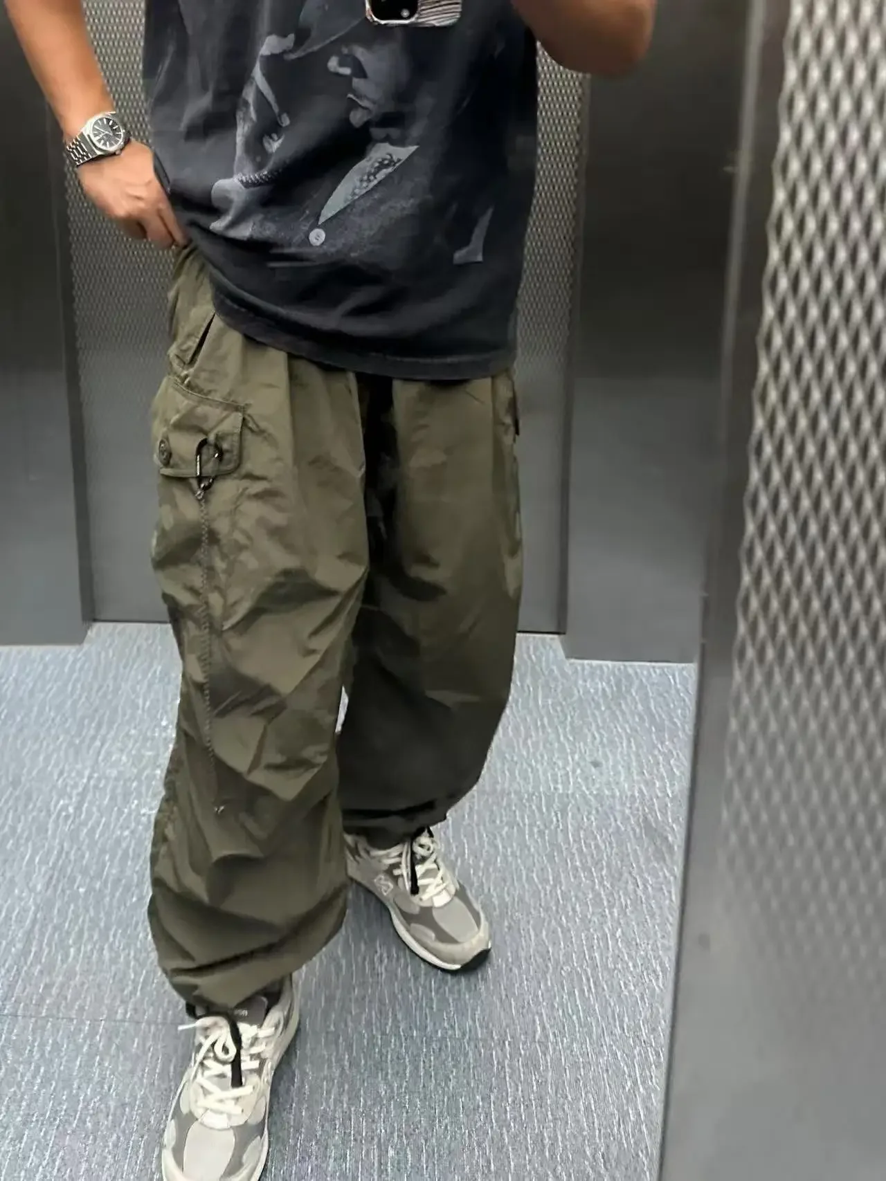 Men Women High Vis Reflective Triangle Multi-Pocket Baggy Wide Leg Trousers Casual Cargo Baggy Trousers Urban Outdoor