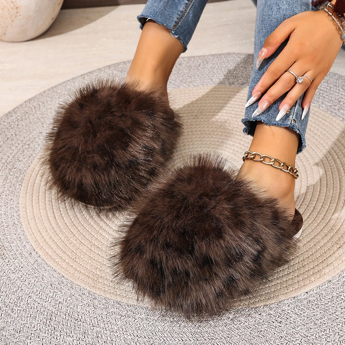 Damen Warme Hausschuhe Plüsch Leopardenfell Flauschige Pantoffeln Große Größen Geschlossene Zehenpartie Flache Sandalen Weiche Bequeme Schuhe für Frauen – Detail 19