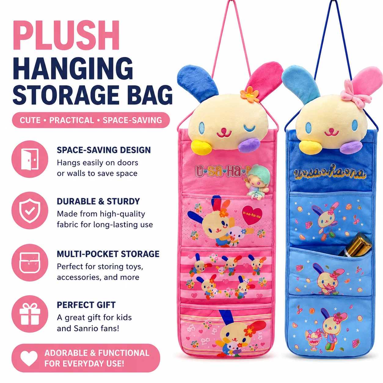 Cute Flower bunny Cartoon Hanging Storage Bag Multi-Pocket Wall Organizer for Entryway Door Home Decoration
