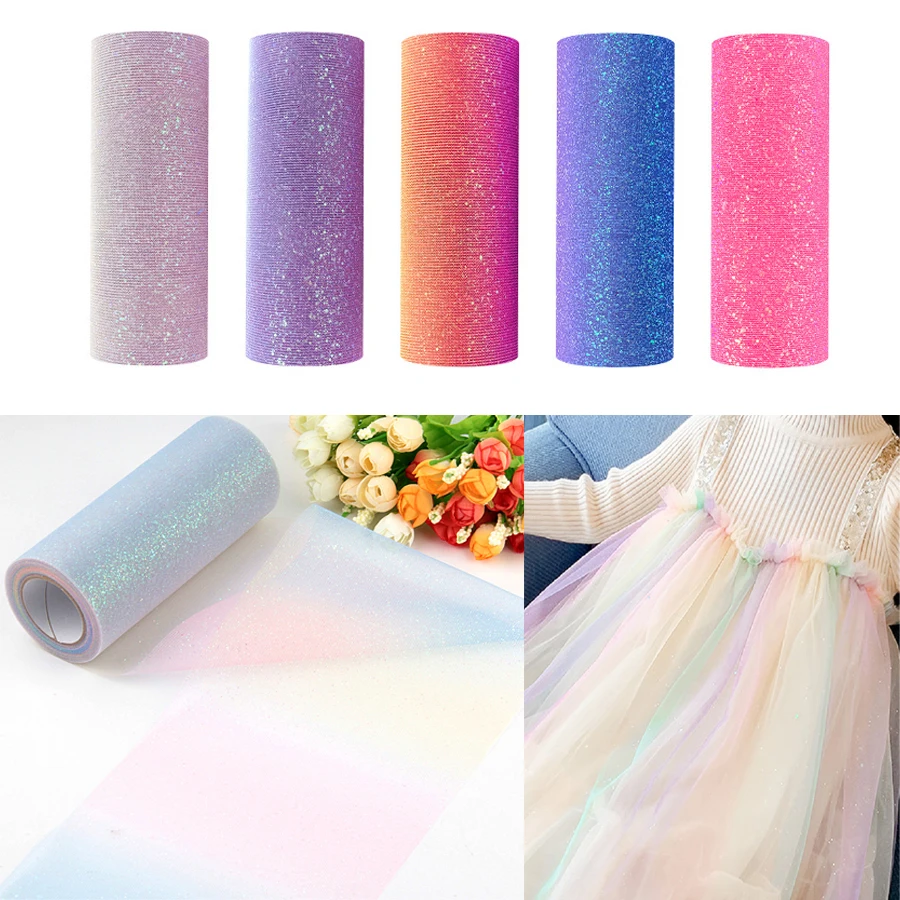 10Yard 6Inch Rainbow Gradient Tulle Roll Handmade Craft Hair Ornament Ribbon DIY Decoration Craft Glitter Mesh Fabric Supplies