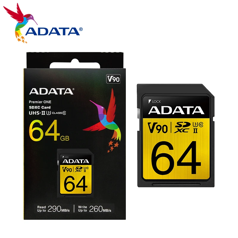 ADATA Premier ONE SDXC UHS-II U3 Class 10 V90 SD Card 64GB 128GB 256GB Up to 290Mb/s SD Memory Card for Camera 8K ULTRA HD Card