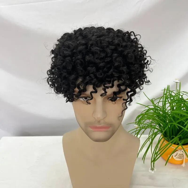 Pwigs 1B Color 360 Loose Small Curly Toupee for Men Mono with PU Hair System Human Hair Replacement 9X7 10X7 11X8 Inch