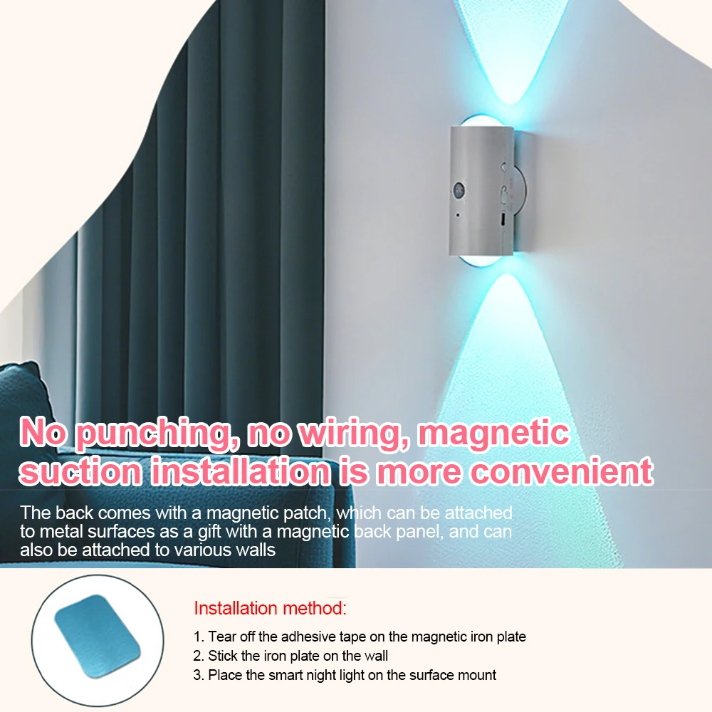 

LED Motion Sensor Wall Lamp USB Rechargeable Night Light with 16 colors Adjustable Indoor Light Magnetic Staircase Lights