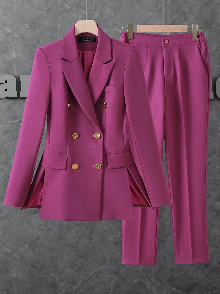 Setelan celana wanita Formal Chic, Blazer dan celana panjang kantor ungu, Pink, pakaian kerja bisnis kancing dua baris elegan