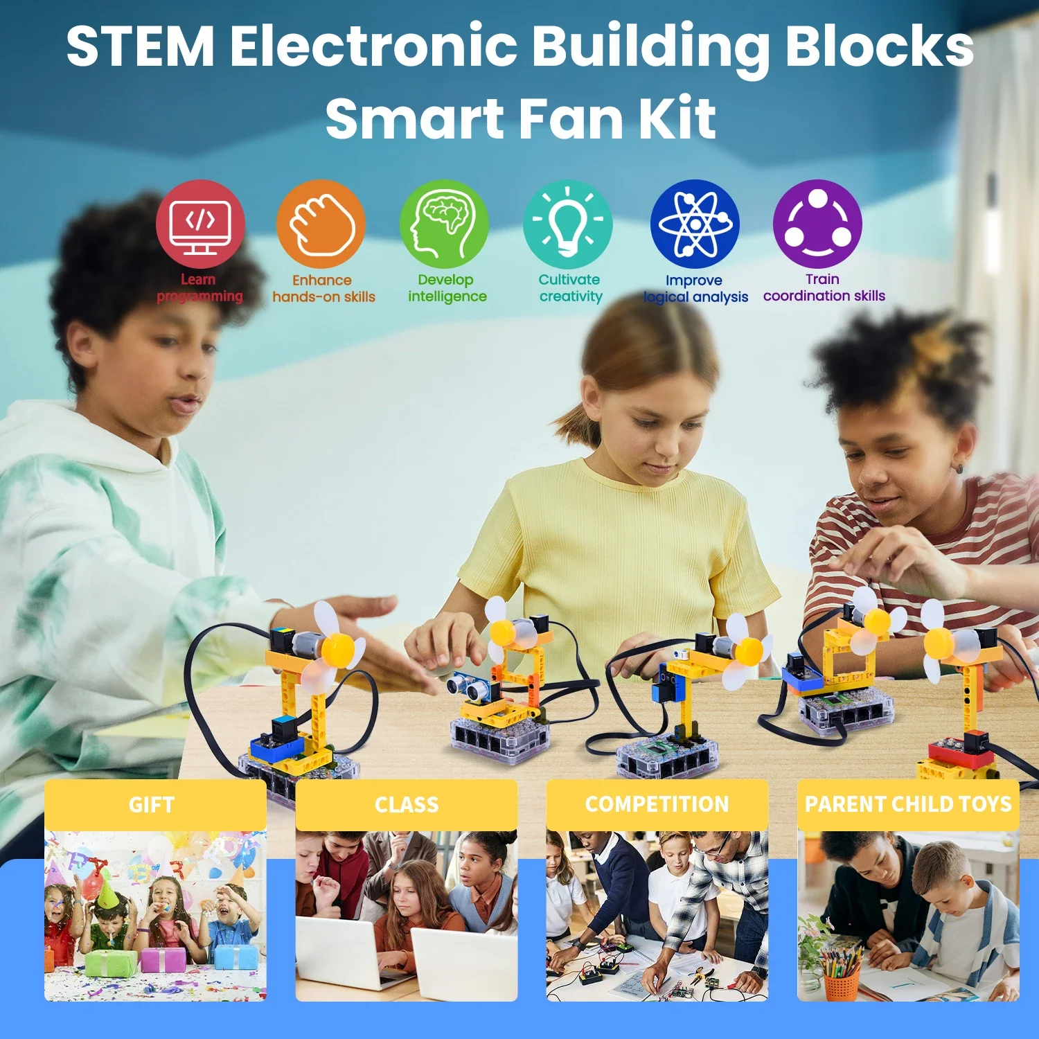 Kidsbits STEM Electronic Building Blocks Smart Fan Kit For Esp32 /Pico /UNO Series Support Kidsblock & Python Kidbits Kits