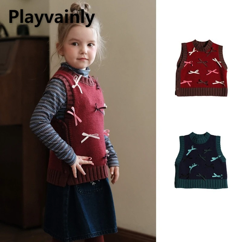 

New Spring Autumn Children Knitted Waistcoat Red Dark Blue O-neck Sleeveless Vest with Bow Decoration Girls Versatile Top W5202