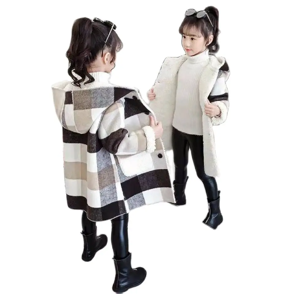 

Autumn Winter Girls Casual Jackets Warm Hooded Outerwear Fashion Woolen Long Coat Children Clothing Teeange Girls Outfits 10Y