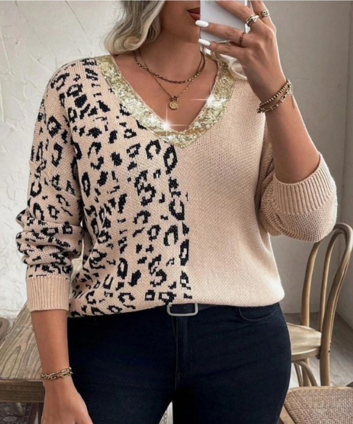 

Женский повседневный вязаный свитер больших размеров с леопардовым принтом, весна-осень, свободный крой, модный топ
