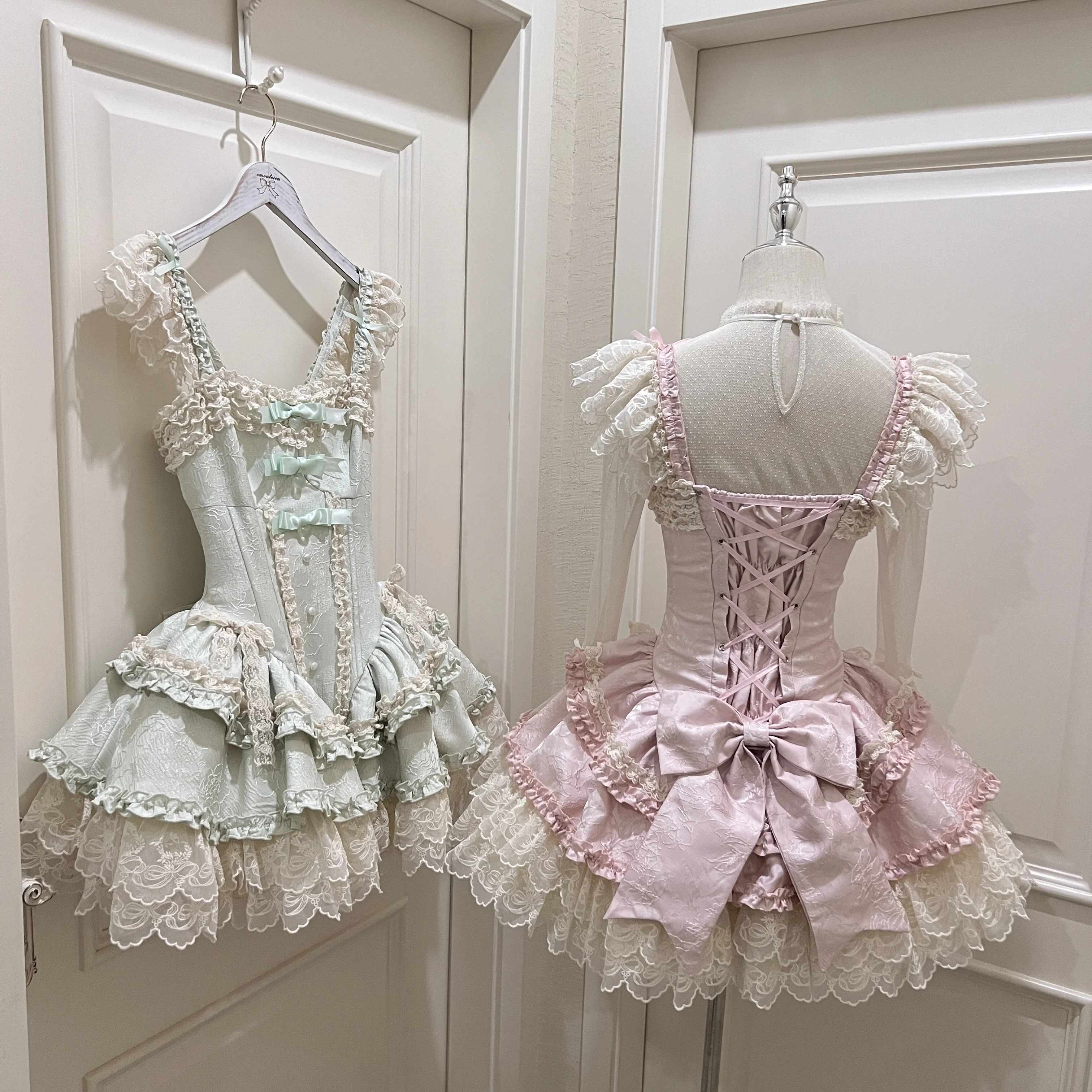 Two Style Long Waist and Short Waist Pink Satin Lolita JSK Dress Lace Ruffle Multi Bow Corset Puffy Mini Dress