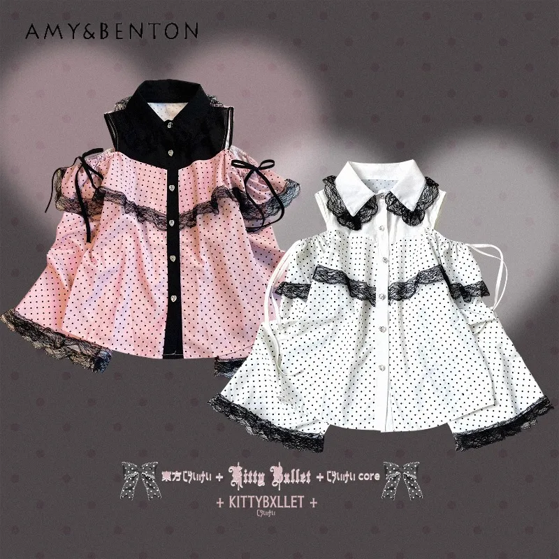 Original Japanese Heart Gem Ribbon Polka Dot Long Sleeve Off-Shoulder Mine Series Shirt Mass-Produced Sweet Cute Shirt Women