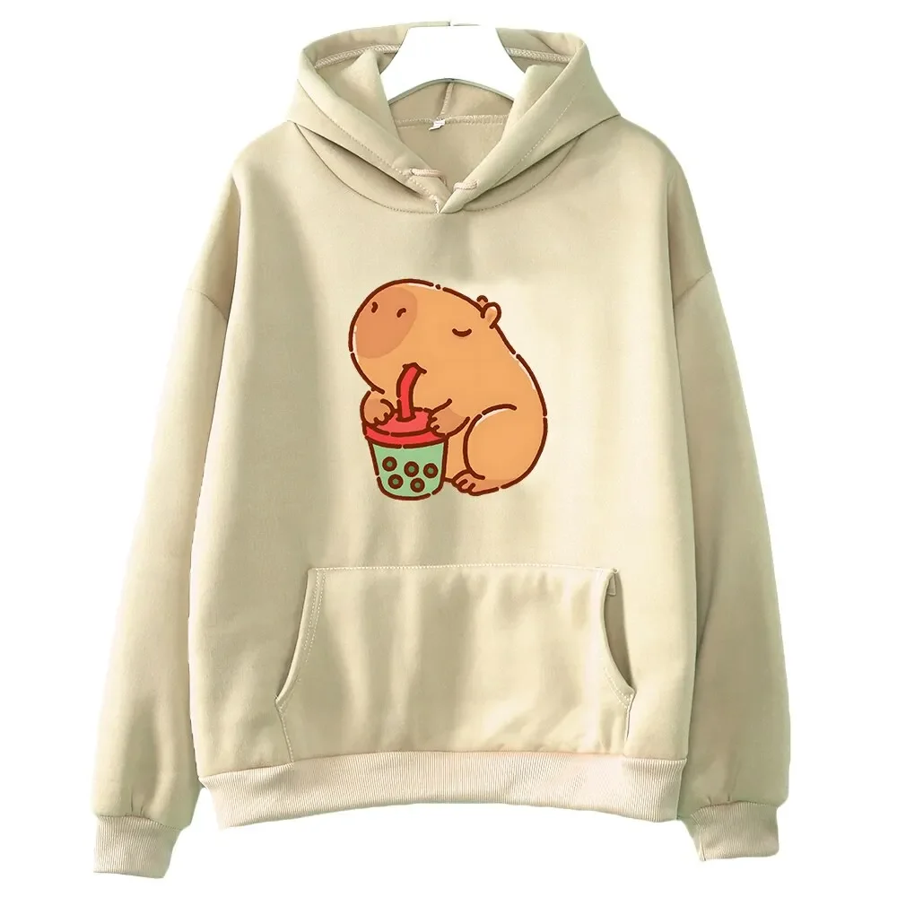 Capybara Drink Bubble Tea Hoodie Kawaii Animal Cartoon Graphic Sweatshirt Kids Clothes Girl Long Sleeve Hooded Boys Top Harajuku