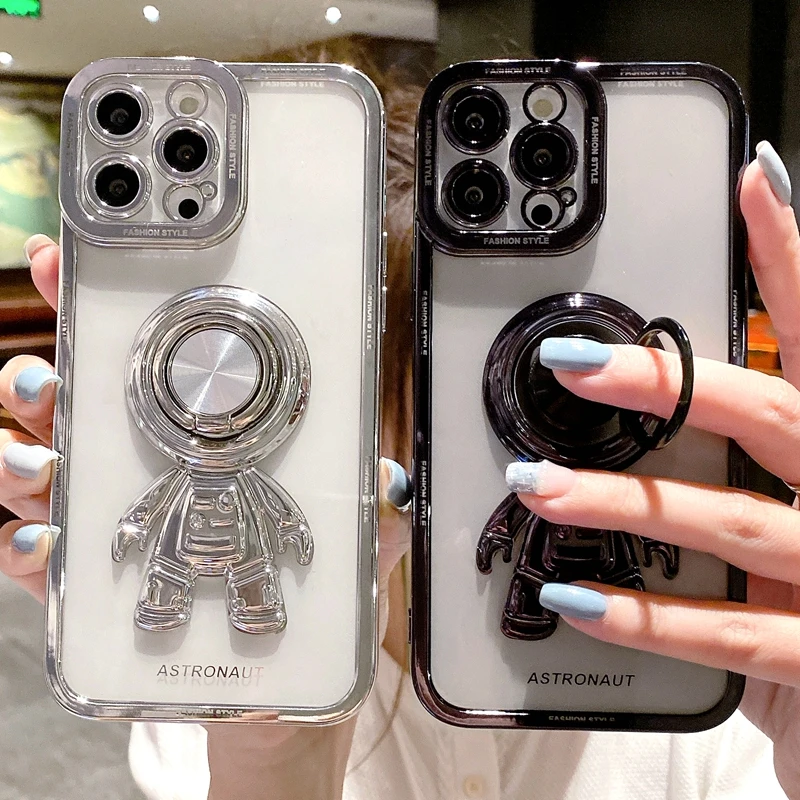 Soft Electroplated Astronaut Phone Case For iPhone 11 12 13 Pro Max XS X XR 7 8 Plus Stand Ring Silicone Transparent Cover