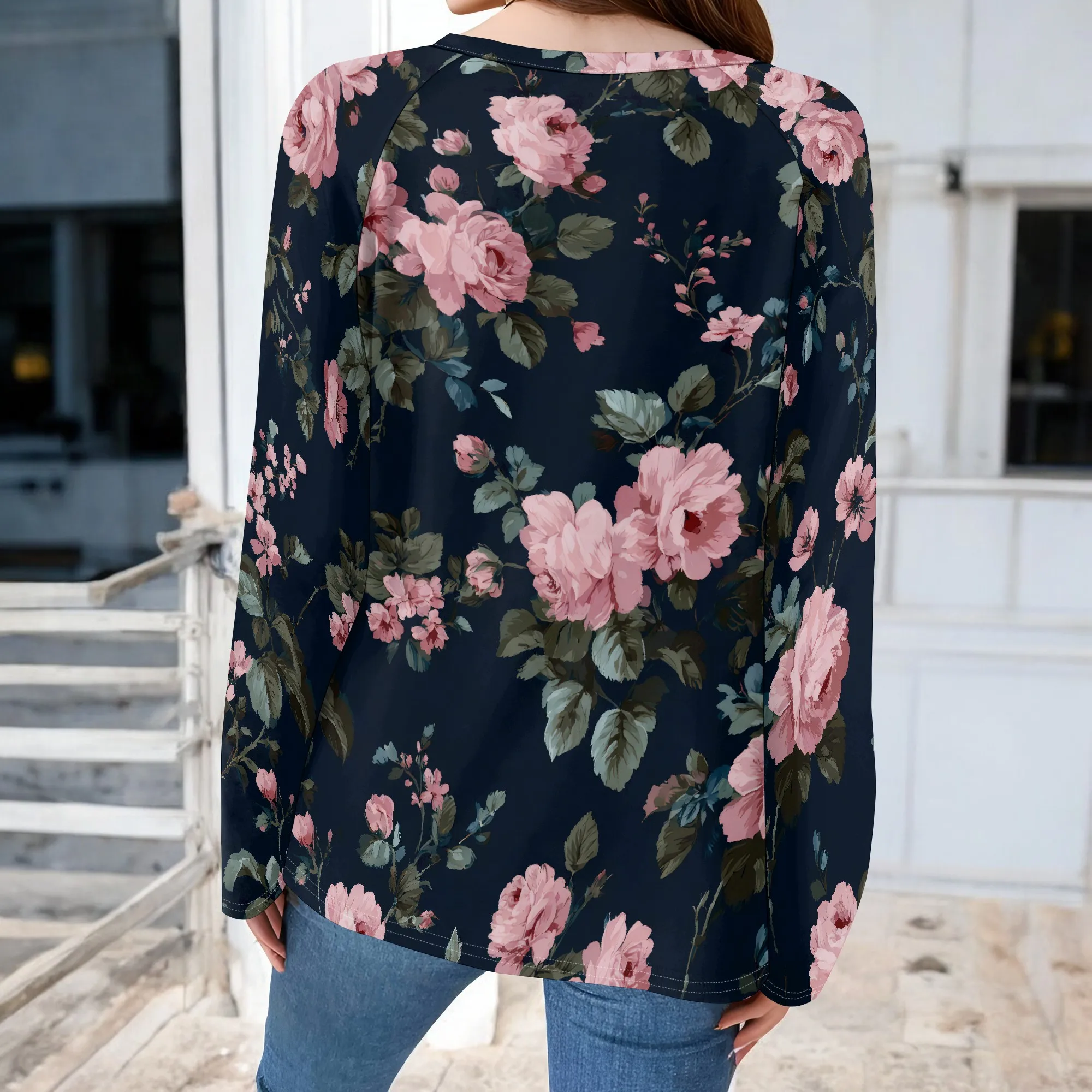 สตรีดอกไม้พิมพ์เสื้อกันหนาว Crewneck เสื้อแขนยาวเสื้อหลวม Fit เสื้อ Retro Boho ฤดูใบไม้ร่วงเสื้อผ้า