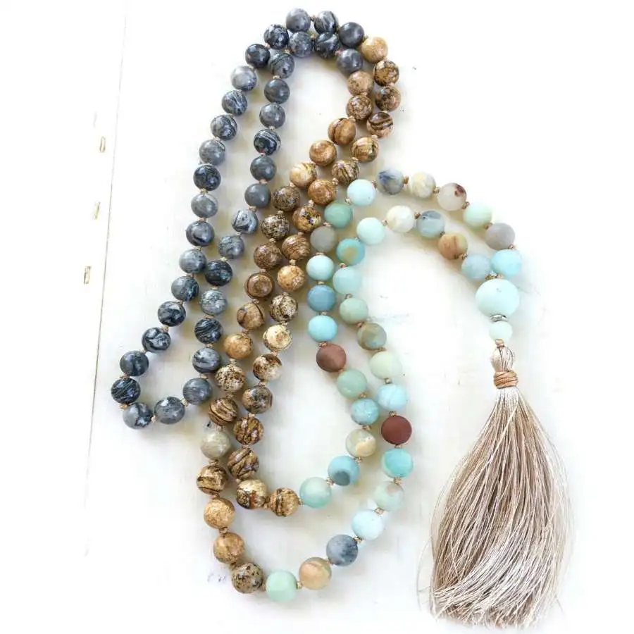 

Натуральное многоцветное матовое ожерелье-мала из агата на 108 бусин с бахромой в стиле бохо, духовное украшение для медитации