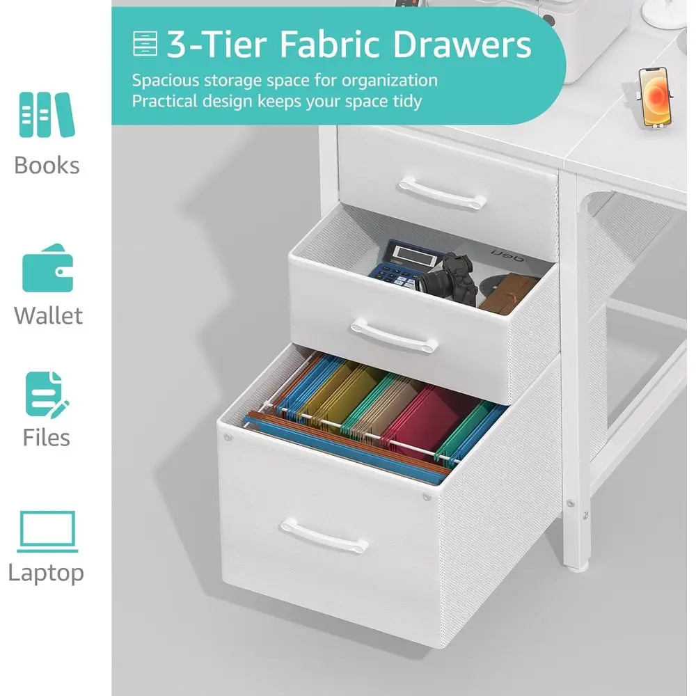White Desk with Fabric File Drawers Cabinet, 47 Inch Reversible Computer Desk with Filing Cabinet for Bedroom Small Space Home O