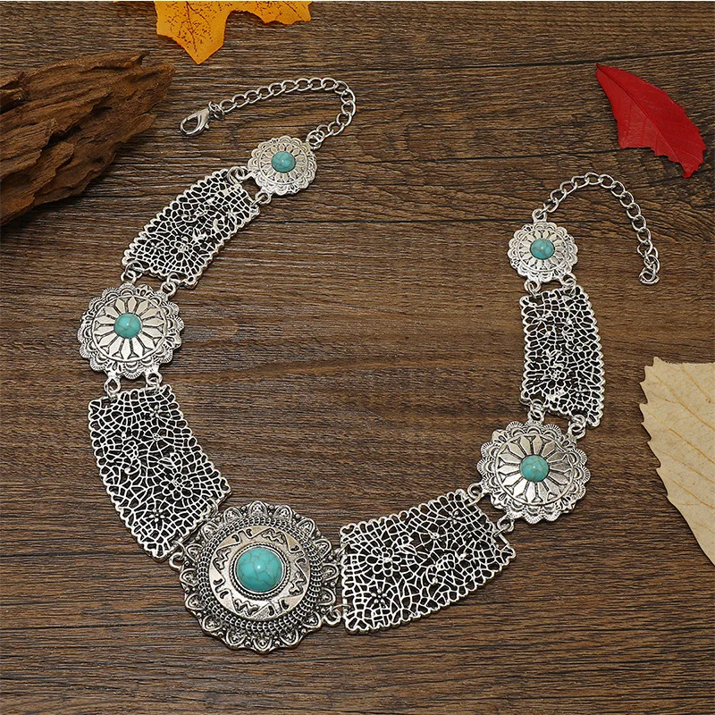 Ethnic Tibetan Silver Color Flower Large Choker Femme Vintage Turquoises Geometric Hollow Necklace Female Fashion Jewelry