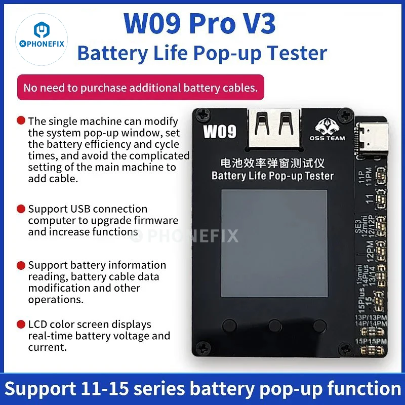 Probador emergente de duración de batería OSS W09 Pro V3 para iPhone 11 12 13 14 15 Pro Max batería salud reparación emergente restablecer ciclo de datos de salud