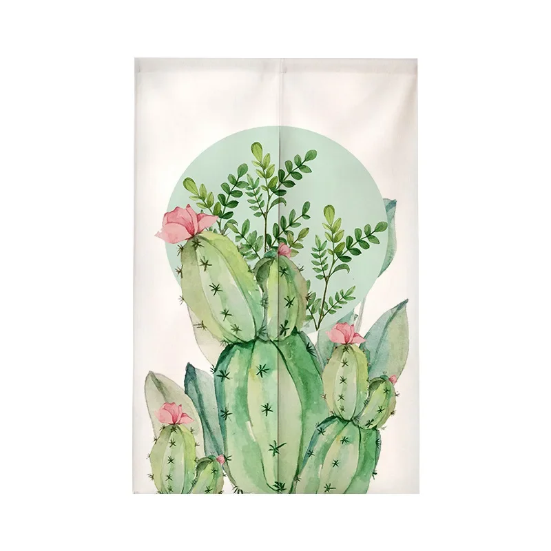 Green Plant Cactus Door Curtain Japanese Kitchen Door Curtain Print Partition Curtain Drape Entrance Decor Hanging Half-Curtains