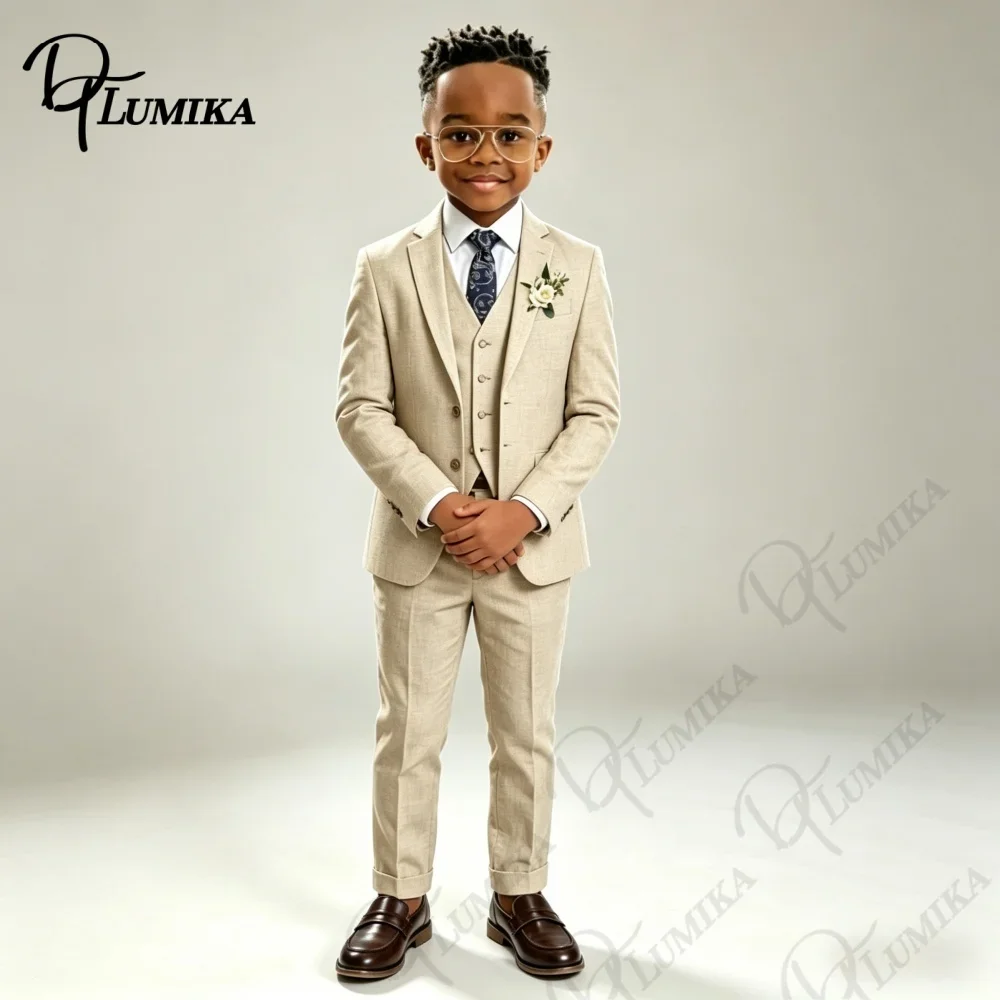 Conjunto de Esmoquin de Lino Beige de Lujo para Niños, Corbata Floral Azul, Traje Formal Cómodo de 3 Piezas para Pajero de Boda y Todas las Ocasiones Especiales
