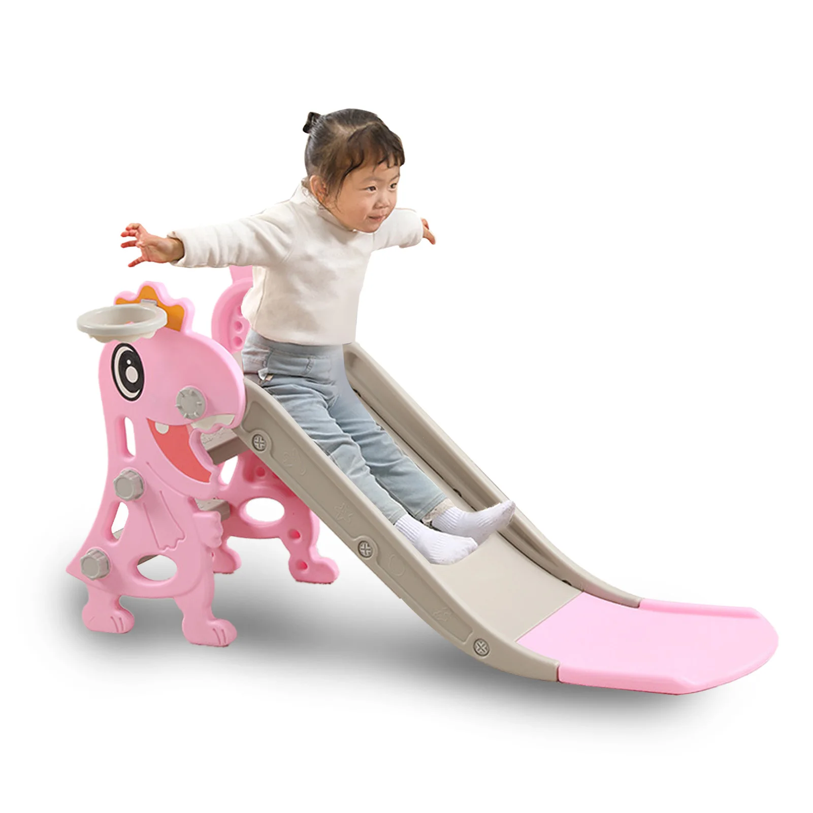 

Kids Slide Toddler Indoor Slide for Age 1 To 8 Years Old Dinosaur Shape Non Slip Stairs Kids Slide with Basketball Hoop Climber