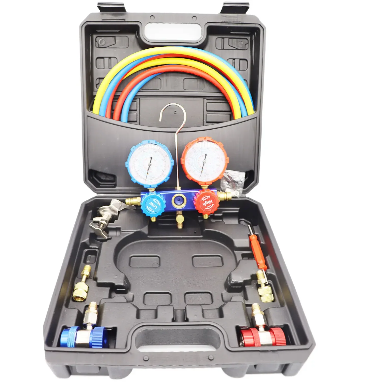 Refrigerant Pressure Gauge & Manifold Hose Kit designed for R134A and R22 air conditioning refrigerant automotive applications