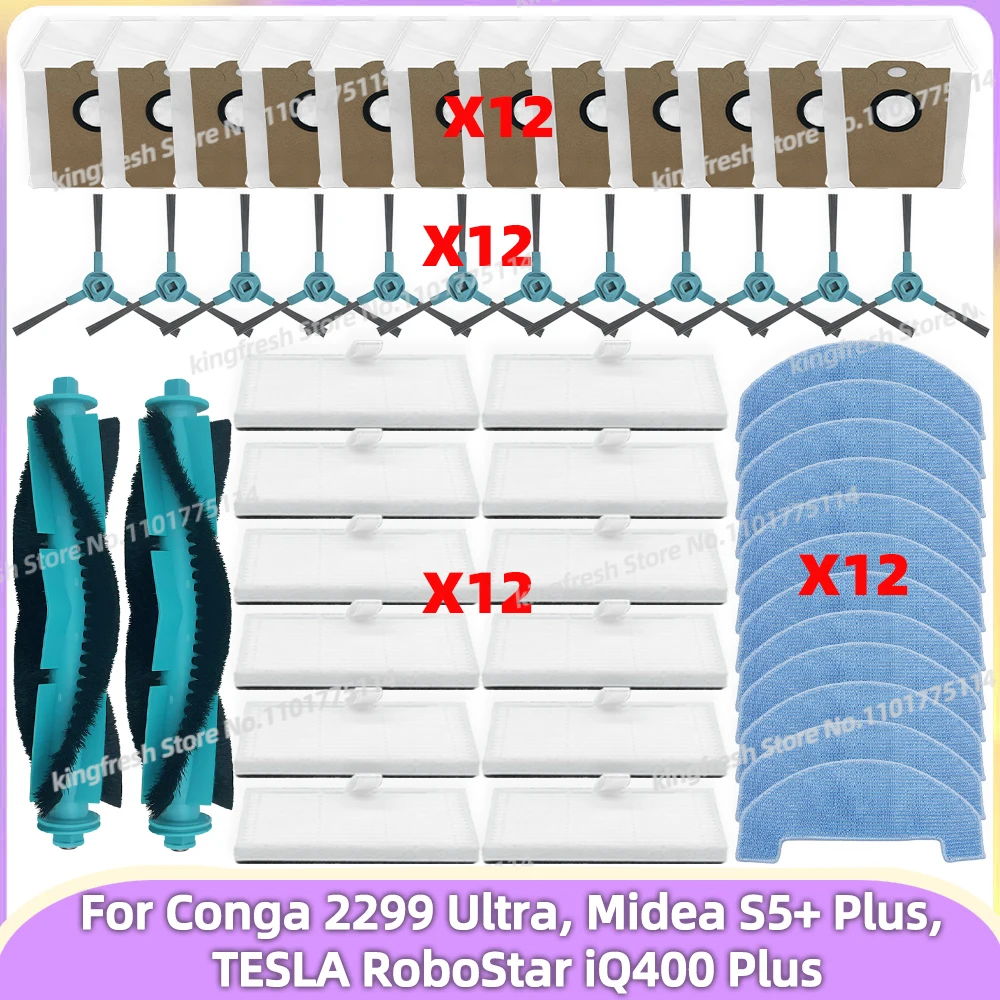 Fit for ( Conga 2299 Ultra, Midea S5+ Plus, TESLA RoboStar iQ400 Plus ) Parts Main Roller Side Brush Filter Mop Cloth Dust Bag