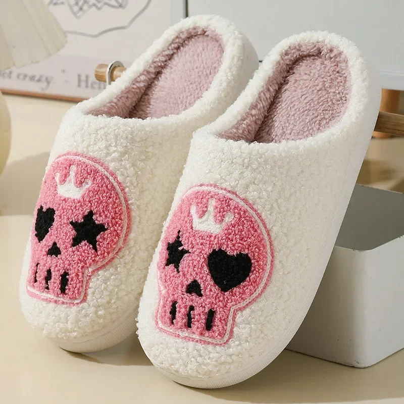 Halloween Funny House Slippers Skull Embroidery Warm Winter Fluffy Slippers Men and Women's Couple Home Indoor Cotton Slippers