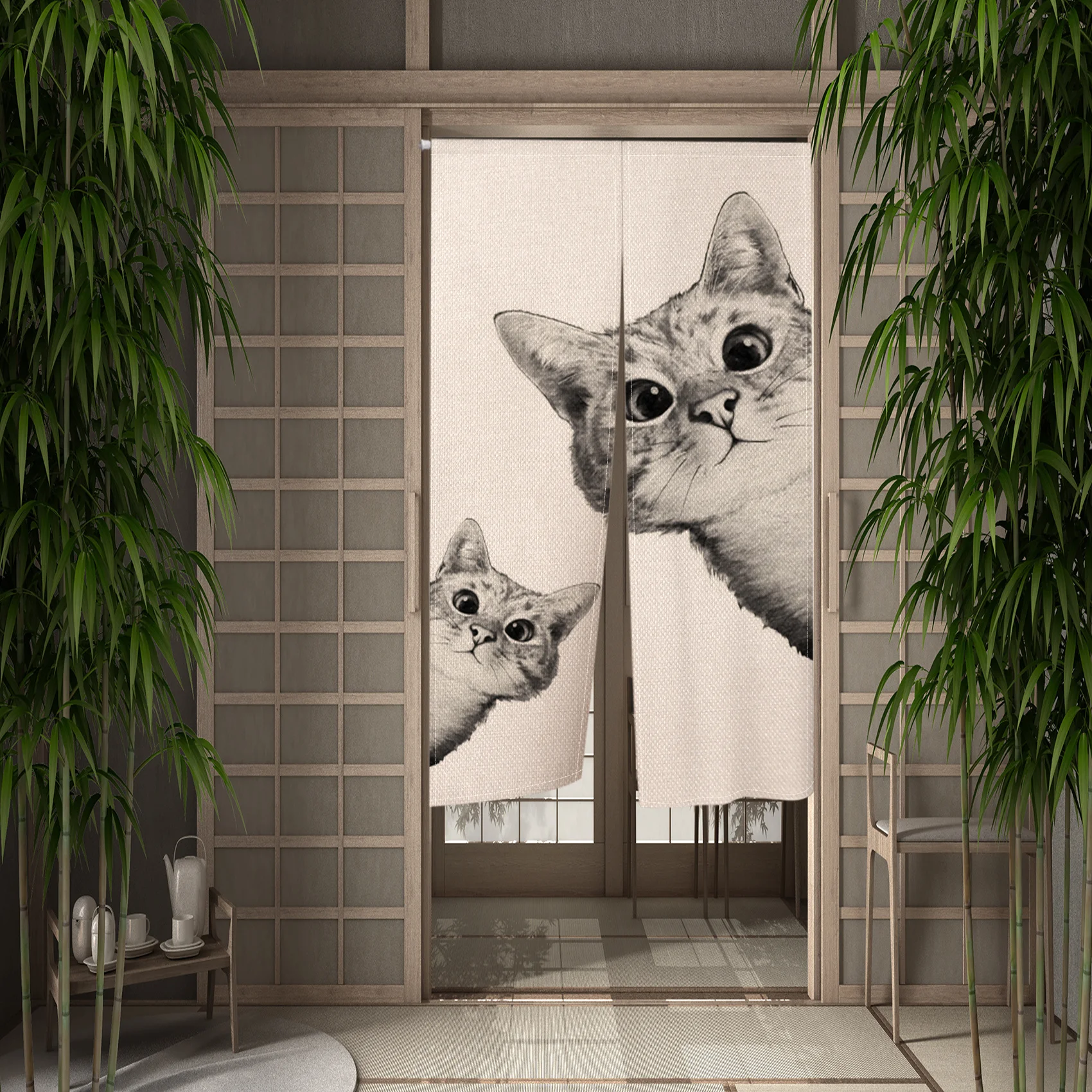 Funny Cute Cat Door Curtain Dining Room Door Decor Curtain Partition Curtain Drape Kitchen Entrance Hanging Half-Curtain Sets