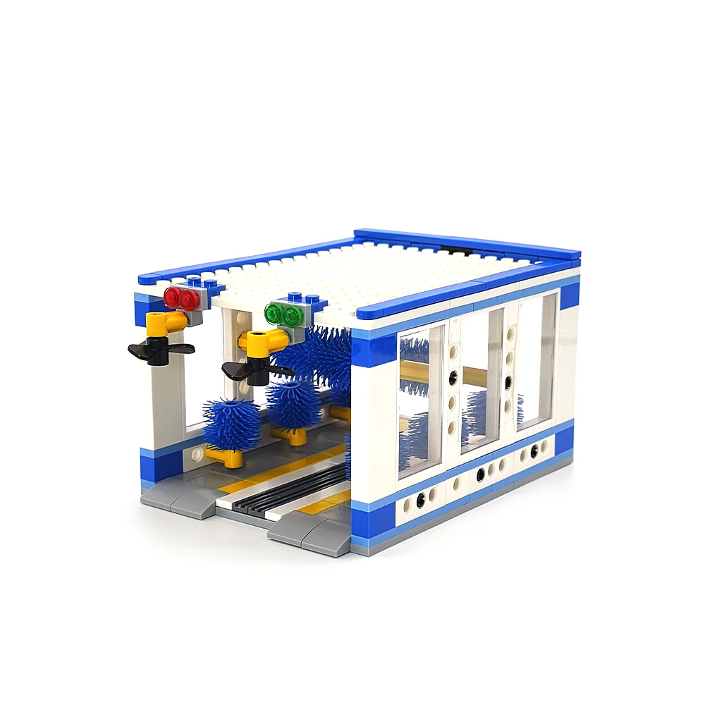 Building Block Car Wash Shop Toy Set, Urban Automatic Car Cleaning Service Station, MOC Urban Assembly Building Expansion