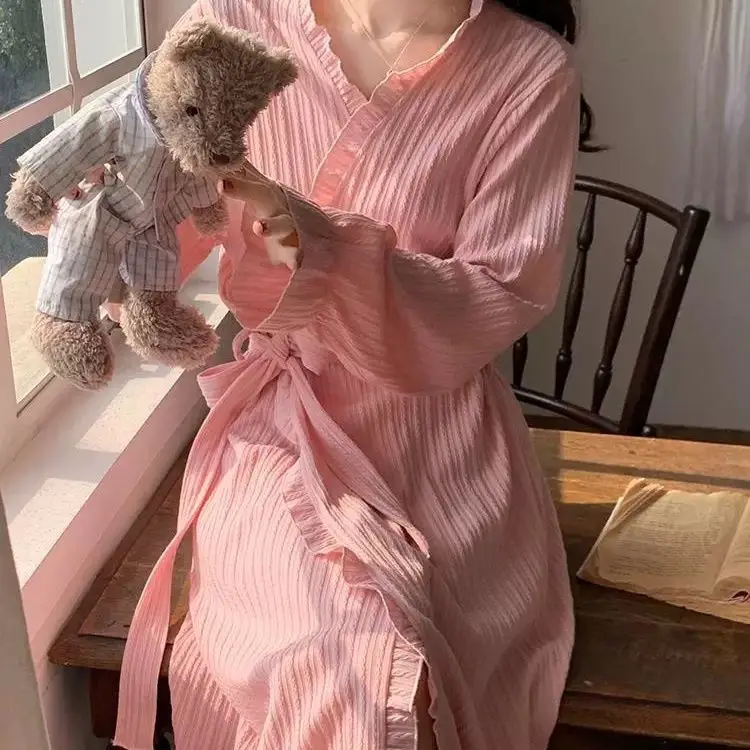 

Ночная рубашка с длинными рукавами для женщин, милый халат юката на шнуровке, длинный тонкий халат, домашняя одежда, женские ночные нарядные платья