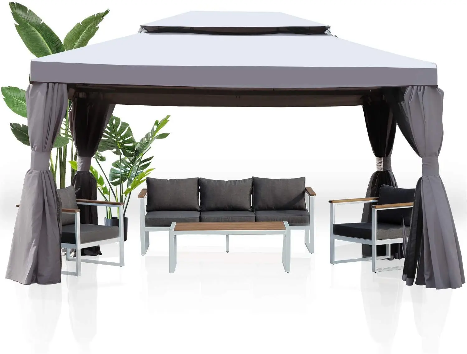 10x13 Feet 2-tier Patio Gazebo, Outdoor Canopy with Mosquito Netting and Shade Curtains, Sturdy Straight Leg Tent