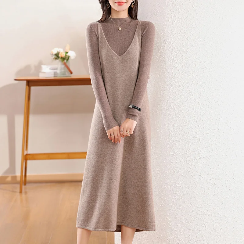 

Women's V-neck Sleeveless Merino Wool Dress Slim Fit Office Knitwear Elegant Spring Autumn High Quality