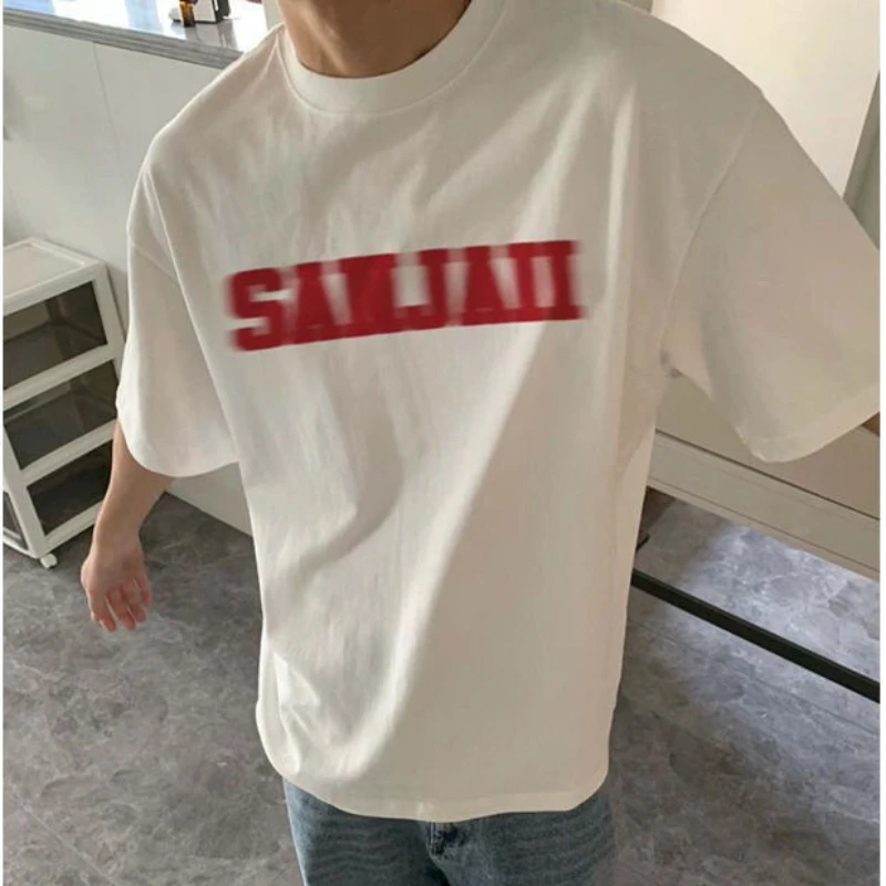 Summer Korean simple retro printed T shirt fashion y2k street loose trendy brand vitality men small neckline T shirt top