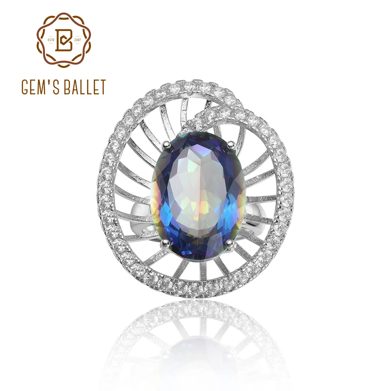 GEM'S BALLET 11.21Ct 13x18mm Oval Rainbow Mystic Topaz Gemstone Zoe Fan Rings in 925 Sterling Silver Mom's Vintage Ring