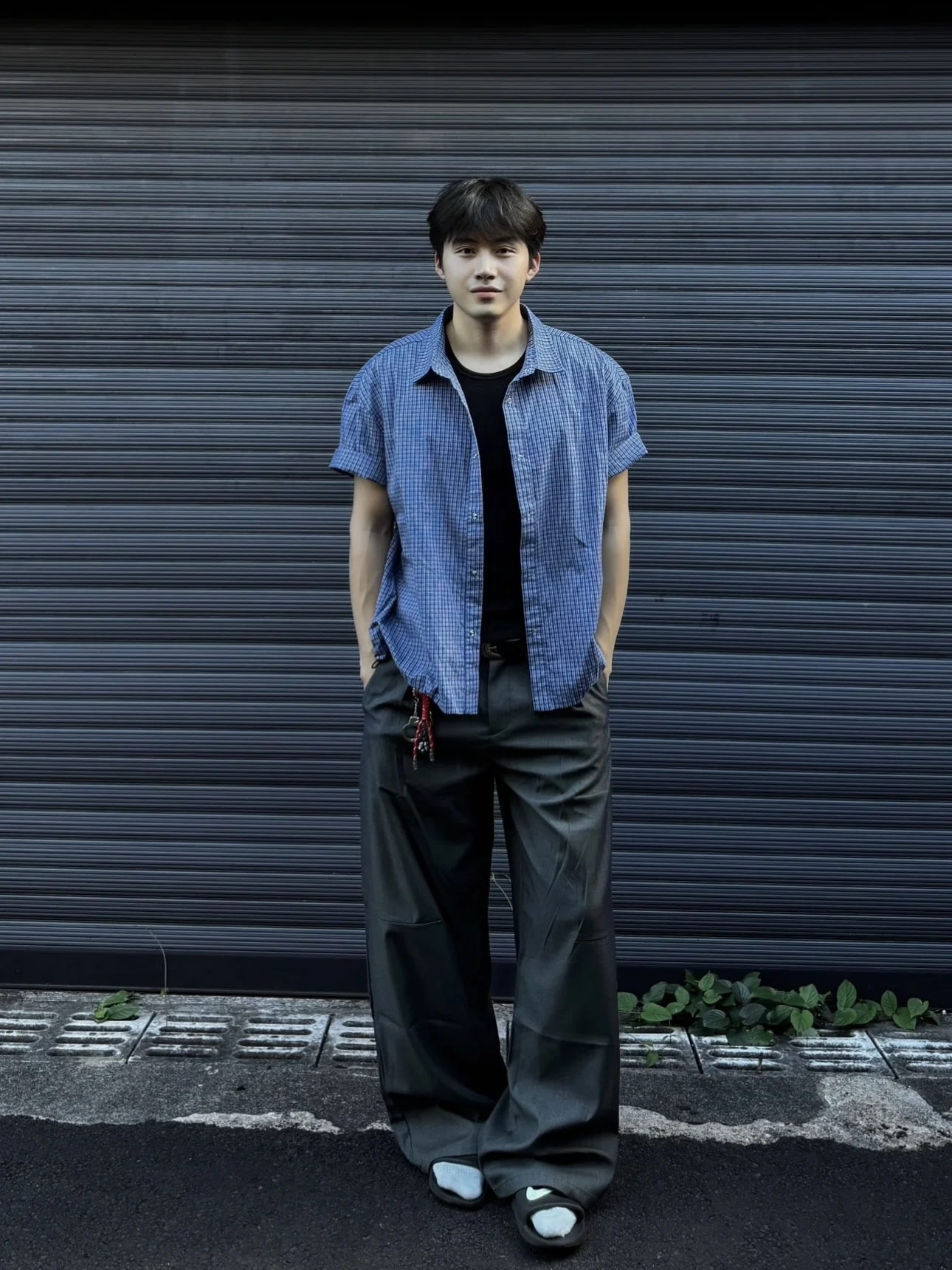 韓国ロイヤルブルーチェック柄ドローストリングデザイン半袖シャツユニセックスサマーバーサタイルボックスワイドトップミュウスタイルポロカラープルオーバー