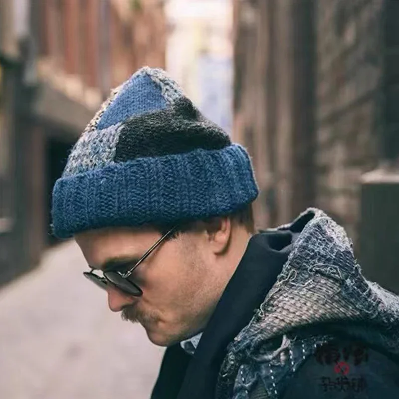 

Kapital Japan Handmade Men's Knitted Wool Blended Retro Stitching Geometric Color Block Adjustable Warm Hat