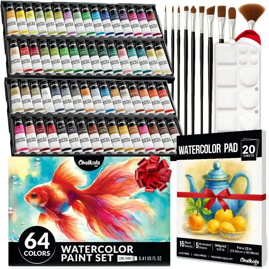 

Watercolor Paint Set 64 Water Color Paint Tubes 12ml, 0.4oz, 10 Painting Brushes amp 1 Palette, 20 WaterColor Pad Art Supplies f