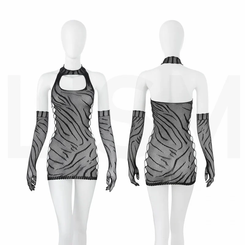 طقم فستان لانجري ساخن شبكي شفاف للنساء مع قفازات طويلة ورقبة رسن فستان ضيق بفتحة دور - ملابس #6