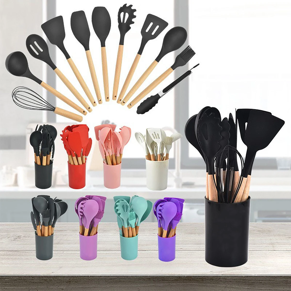 12 Pcs/Set 10 Colors Silicone Kitchen Utensils Set Combination Non-stick Heat-resistant Cookware Kitchen Kit Tools Kitchenware