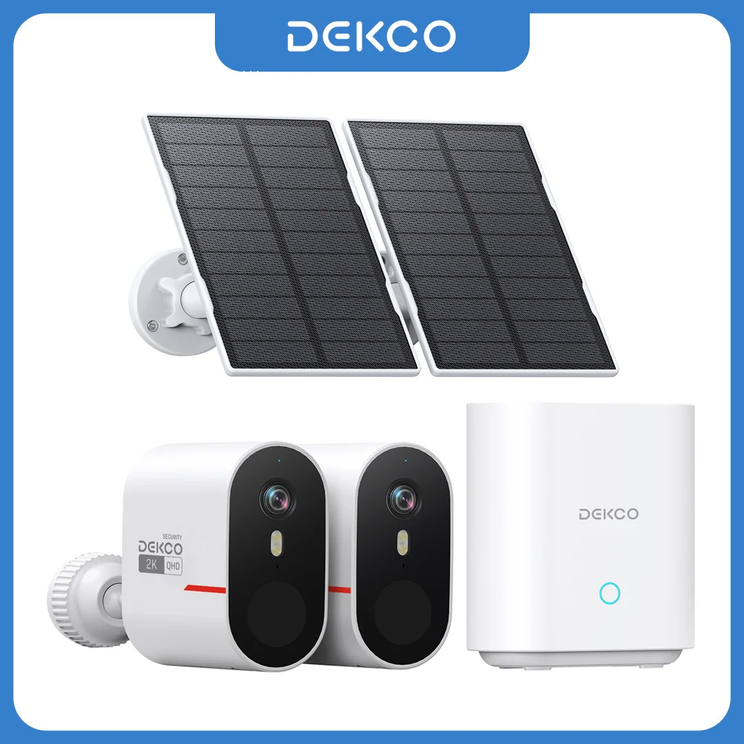 

Dekco 3-мегапиксельная Wi-Fi солнечная камера, 2 комплекта камер, уличная беспроводная камера домашней безопасности, цветная камера ночного видения, 2-сторонняя аудиокамера видеонаблюдения