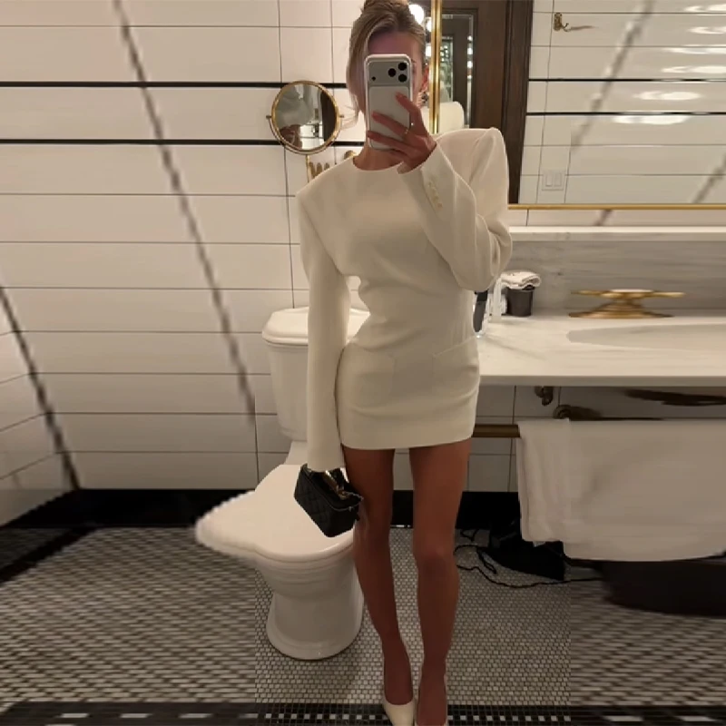 Feminino elegante ombro acolchoado terno saia chique manga comprida em torno do pescoço mini vestido nova moda cintura alta topo roupas minimalistas