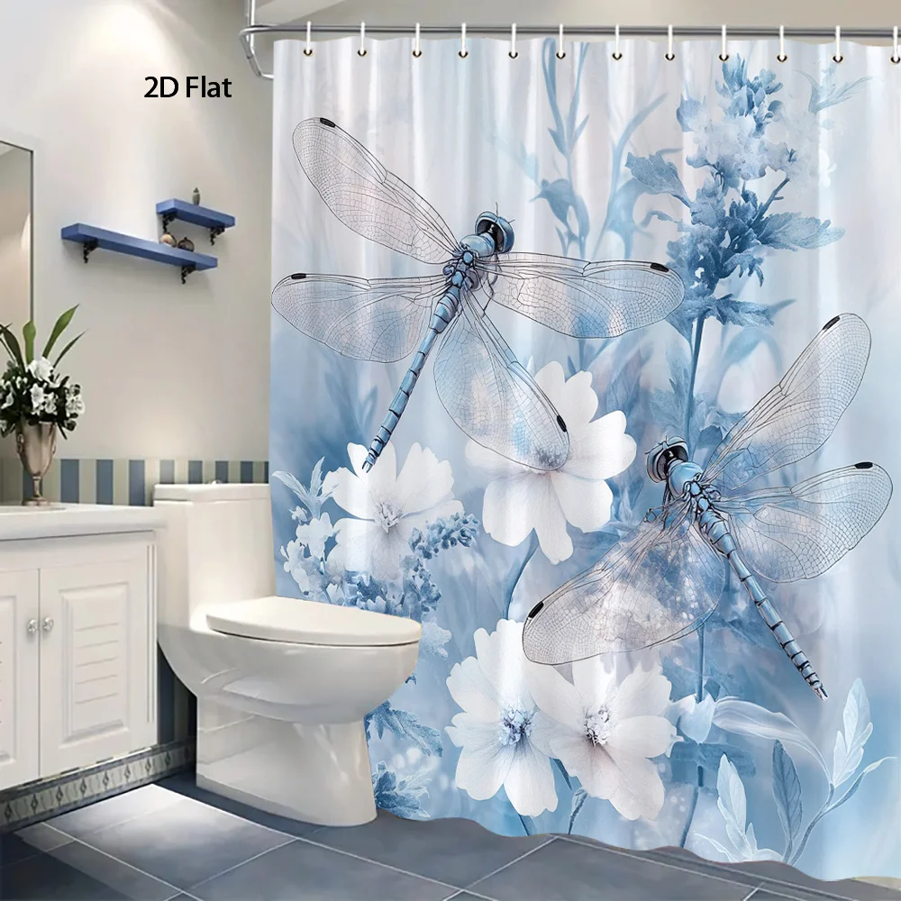 Watercolor Blue Floral Dragonfly Bathroom Shower Curtain Waterproof Nature Botanical Shower Curtain Liner for Modern Home Decor